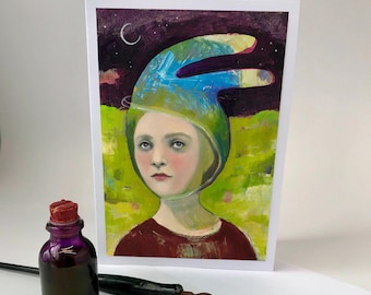 Card from original artwork, blank note card, art greeting card, thinking of you card, space cadet, bunny card, surreal rabbit art, funny art