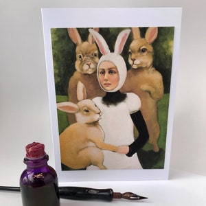 Art card from original art, blank note card, art greeting card, rabbit art card, rabbit art card, whimsical art print, white rabbit art card