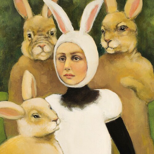 Whimsical Rabbit Bunny Art Print Surreal Art Print Nursery Etsy