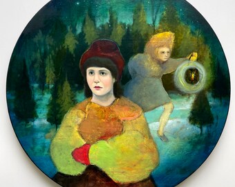 Circle round original oil painting by Shannon Richardson, surreal visionary art, dramatic colorful wall art, winter scene portrait