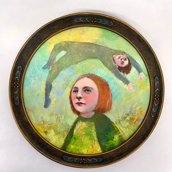 Framed Original oil painting by Shannon Richardson, contemporary figurative wall art, 8x10 surreal art, blue green round circular wall art