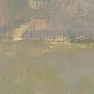 May include: Abstract painting with a light green background and a pale purple and yellow sky.