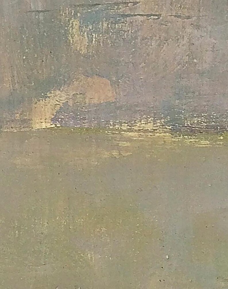 May include: Abstract painting with a light green background and a pale purple and yellow sky.