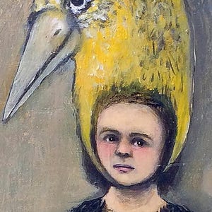 May include: A painting of a person wearing a yellow bird head. The person has a sad expression and is wearing a yellow shirt with a black fur collar.