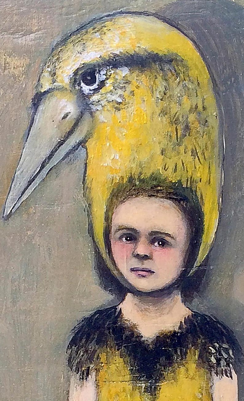 May include: A painting of a person wearing a yellow bird head. The person has a sad expression and is wearing a yellow shirt with a black fur collar.