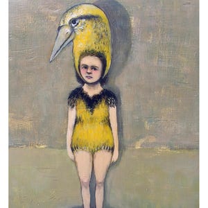 May include: A painting of a person wearing a yellow bird costume. The person is standing in front of a textured, green background.