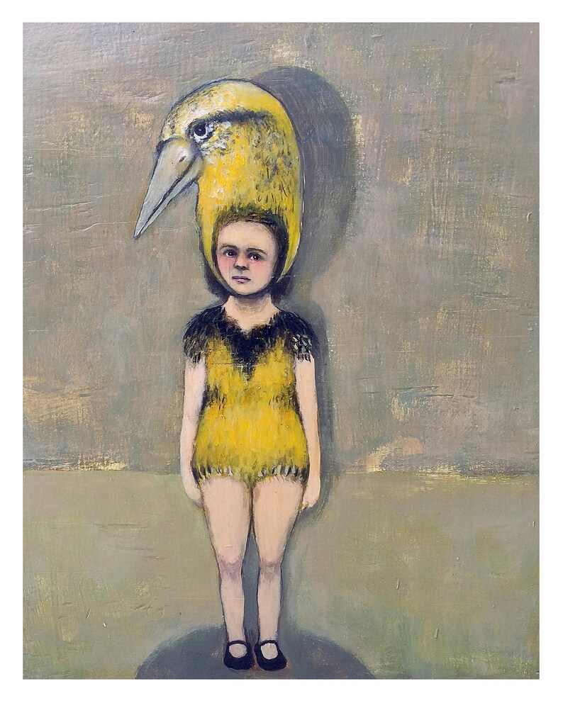 May include: A painting of a person wearing a yellow bird costume. The person is standing in front of a textured, green background.