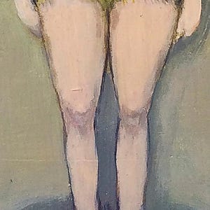 May include: A painting of a person wearing a yellow skirt and black shoes. The person's legs are visible and the background is a muted green color.