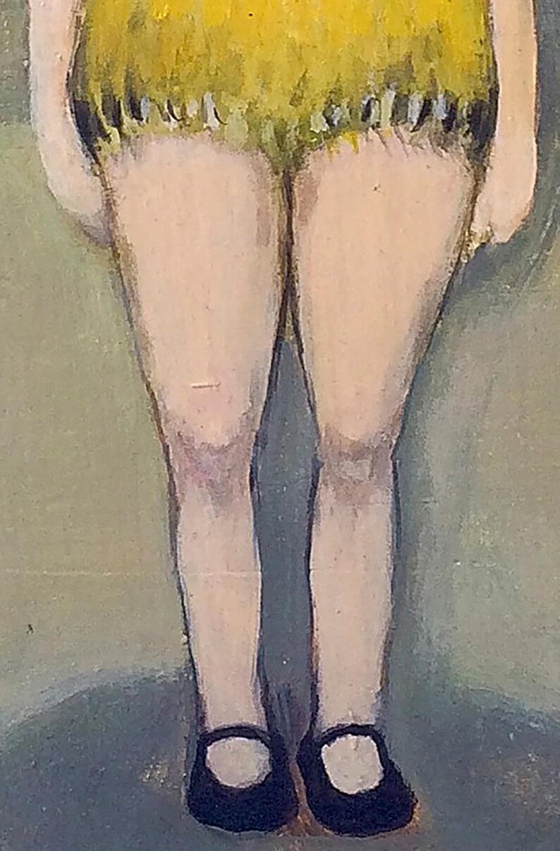 May include: A painting of a person wearing a yellow skirt and black shoes. The person's legs are visible and the background is a muted green color.