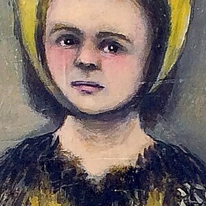 May include: A painting of a person with a yellow hat and a black fur collar. The person has a serious expression and is looking directly at the viewer.