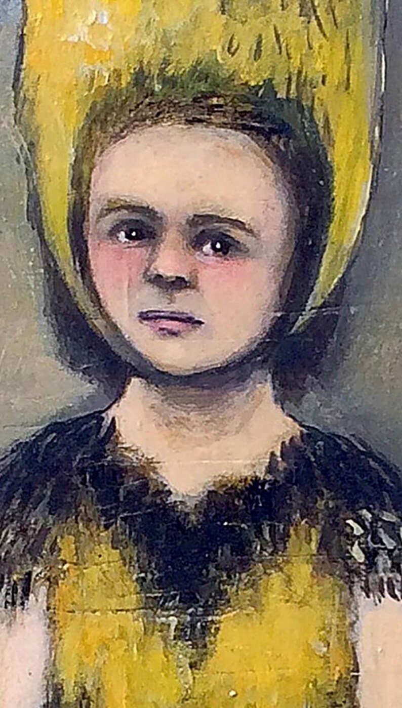 May include: A painting of a person with a yellow hat and a black fur collar. The person has a serious expression and is looking directly at the viewer.