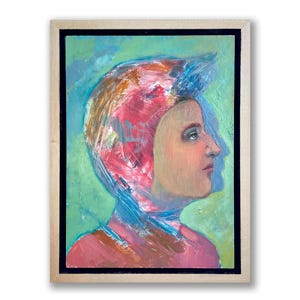 Framed Portrait Painting: 5x7 Original Oil on Board, Blue Pink Decor