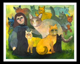 Whimsical Cat Art Print: "Caturday Celebration" by Shannon Richardson