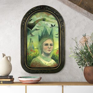 Whimsical framed art print by artist Shannon Richardson, fairy tale art, queen wall art print, etherial magical pop surrealism, green room