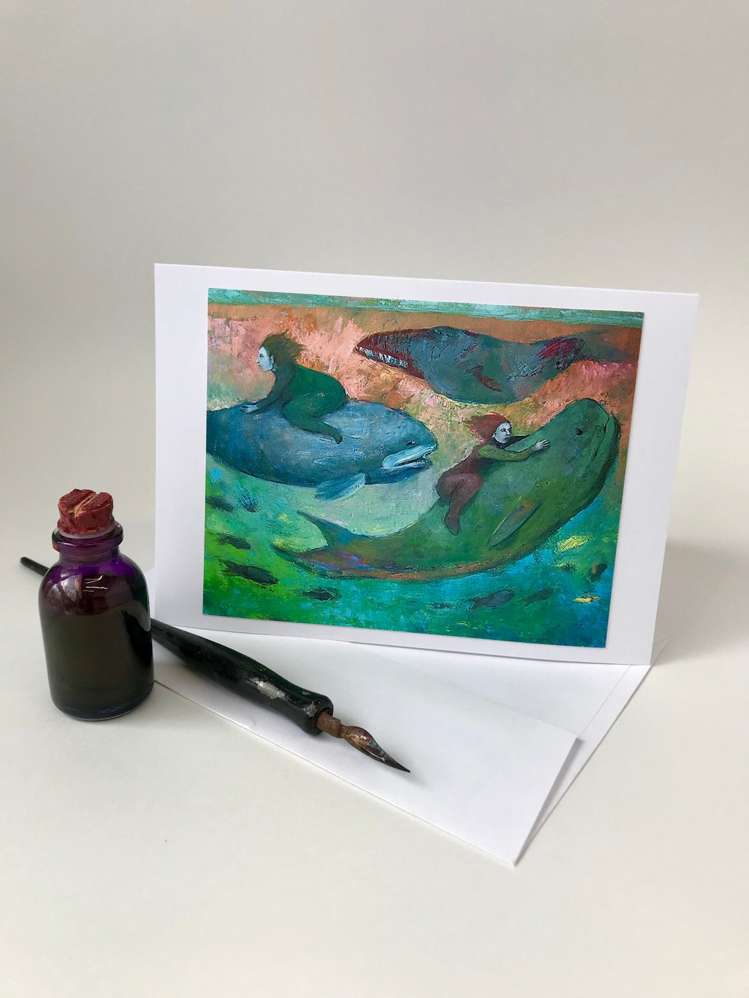 Frameable Art Card From Original Artwork, Blank Note Card, Art Greeting Card, Swimming Art