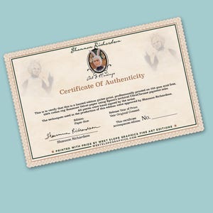 May include: A certificate of authenticity for a limited edition giclee print. The certificate is printed on acid-free, 100% cotton rag Somerset Velvet paper using Epson's archival UltraChrome pigment inks. The certificate is signed by the artist and includes the edition number, release year of print, and year original created.