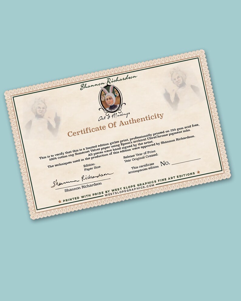 May include: A certificate of authenticity for a limited edition giclee print. The certificate is printed on acid-free, 100% cotton rag Somerset Velvet paper using Epson's archival UltraChrome pigment inks. The certificate is signed by the artist and includes the edition number, release year of print, and year original created.