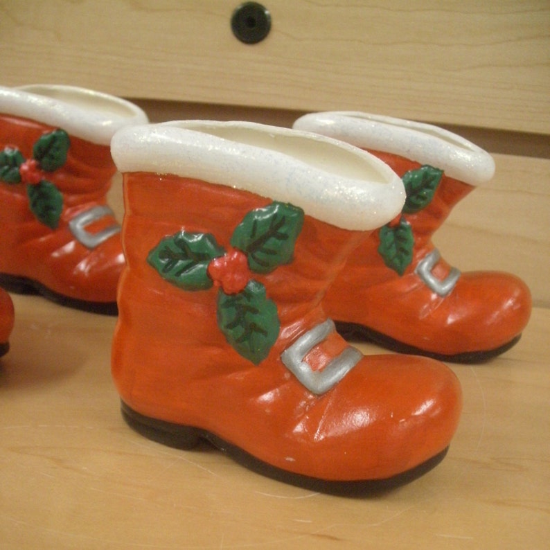 Ceramic Santa Boot ornaments candy cups Vintage style Santa boots gifts for her Christmas decorations Santa boots Red Santa boot ornaments