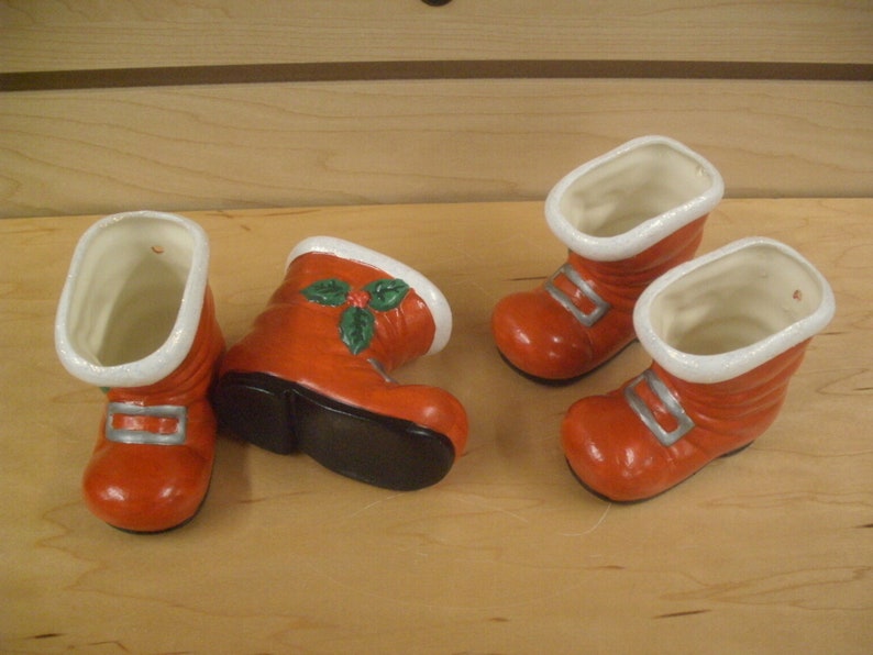Ceramic Santa Boot ornaments candy cups Vintage style Santa boots gifts for her Christmas decorations Santa boots Red Santa boot ornaments