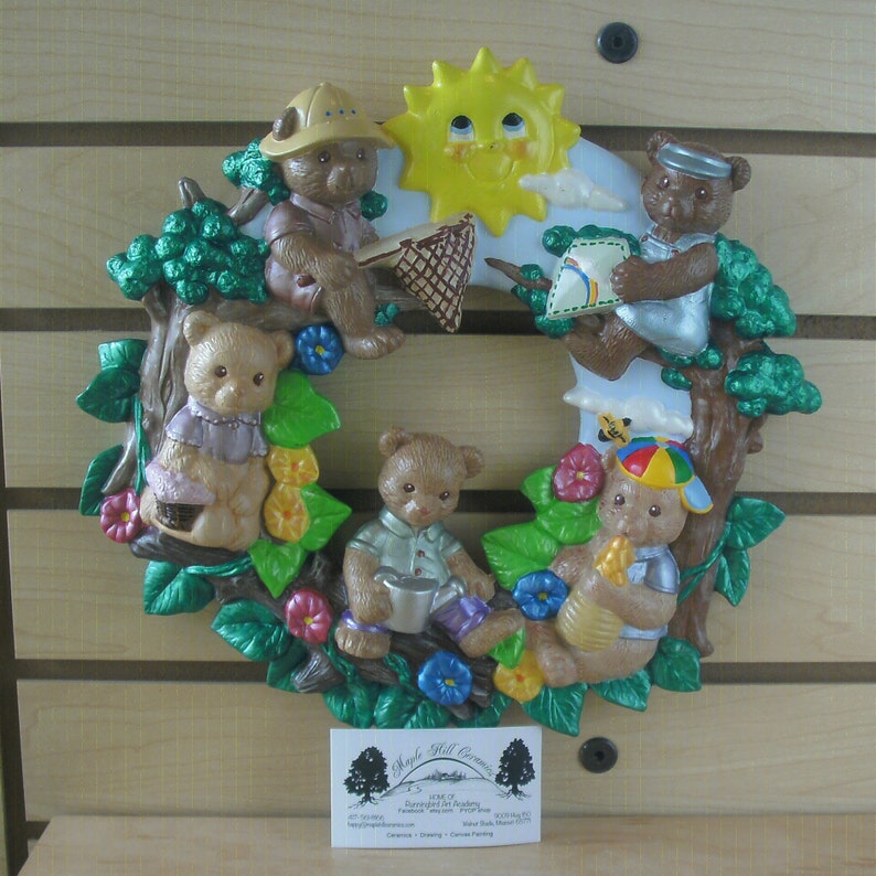 New babys room teddy bear spring wreath wall patio decor ceramic bisque wall plaque Gifts for her teddy bear springtime wreath Ceramic