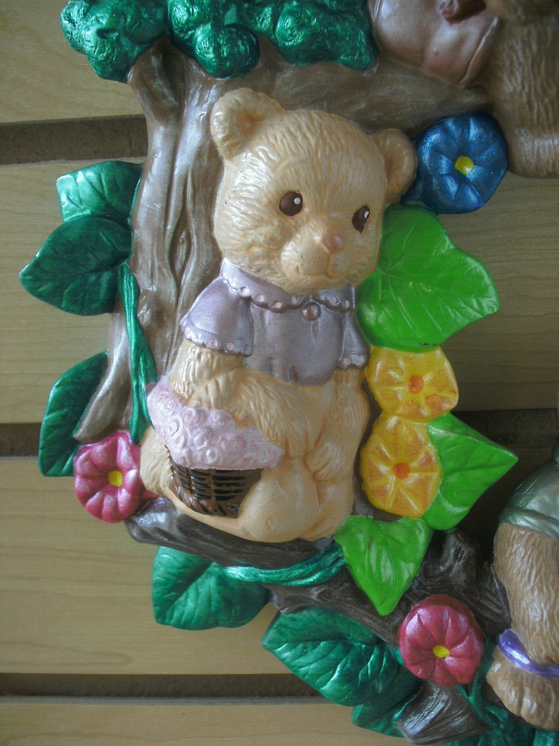New babys room teddy bear spring wreath wall patio decor ceramic bisque wall plaque Gifts for her teddy bear springtime wreath Ceramic