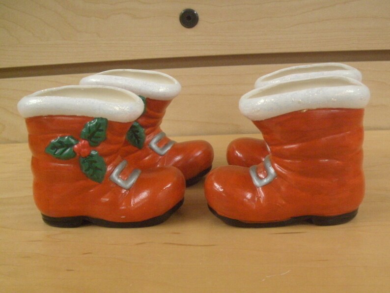 Ceramic Santa Boot ornaments candy cups Vintage style Santa boots gifts for her Christmas decorations Santa boots Red Santa boot ornaments