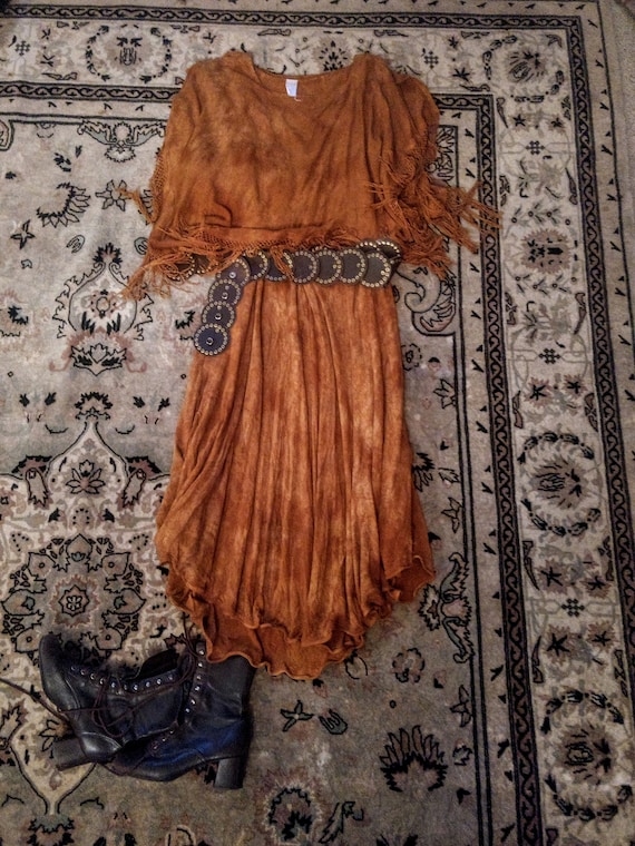Morroccan Dress, Fringe Orange, Natural, Macrame,