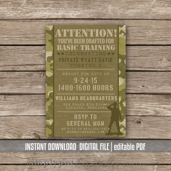 army camo birthday invitation military party boot camp basic etsy