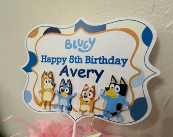 Double Sided Blue Dog Personalized Name Topper for Cake and Centerpieces