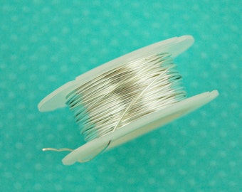 May include: A spool of silver-colored wire on a white plastic spool. The spool is on a turquoise background.