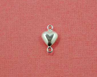 sterling silver puffed heart connector - sold per 3 pieces - 925 double sided connector or charm - heart with 3 mm diameter loops