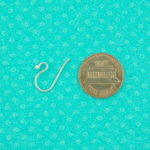 May include: A silver earring hook with a small ball at the top. The hook is about the size of a US penny.