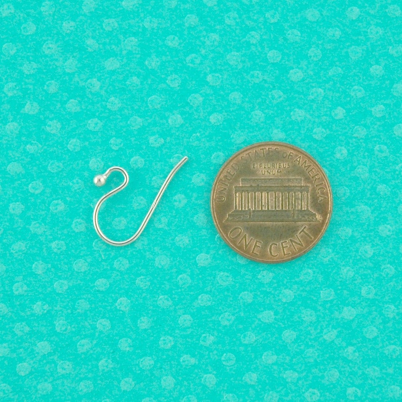 May include: A silver earring hook with a small ball at the top. The hook is about the size of a US penny.