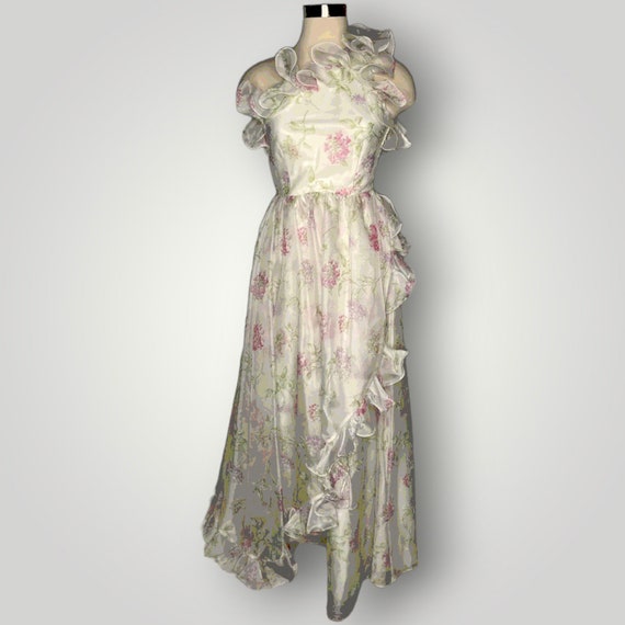 Vintage 1970s Dress One Shoulder Ruffled Floral L… - image 1
