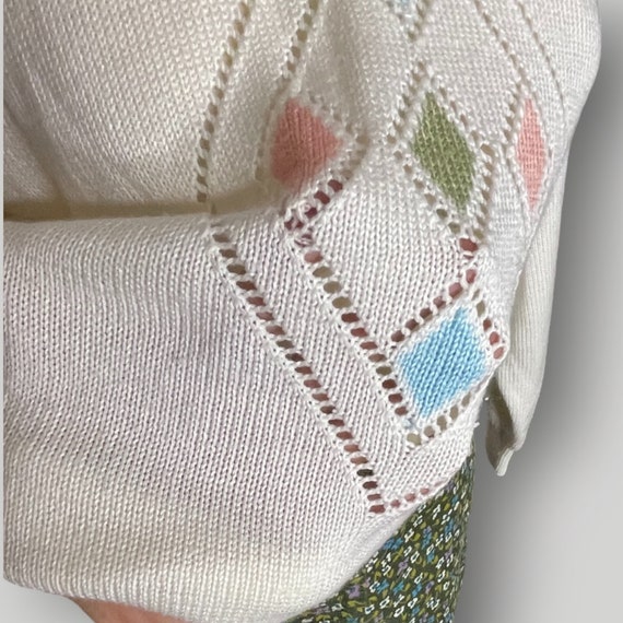 Vintage 1980s Argyle Sweater White Multicolor Dia… - image 5