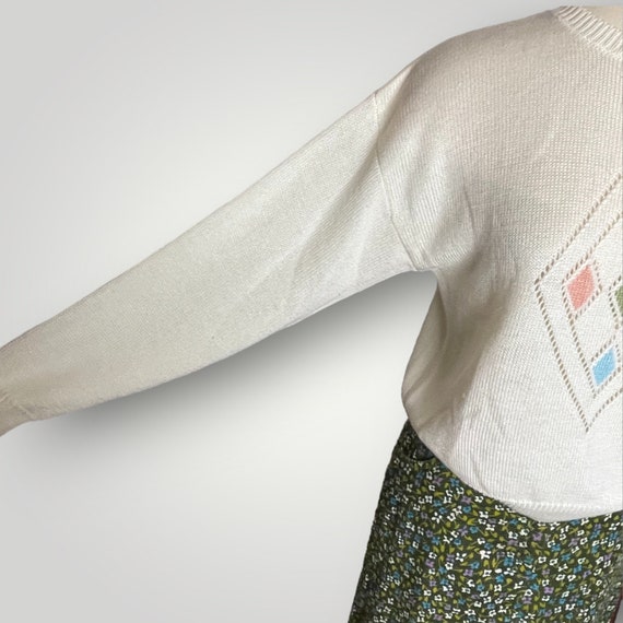 Vintage 1980s Argyle Sweater White Multicolor Dia… - image 6