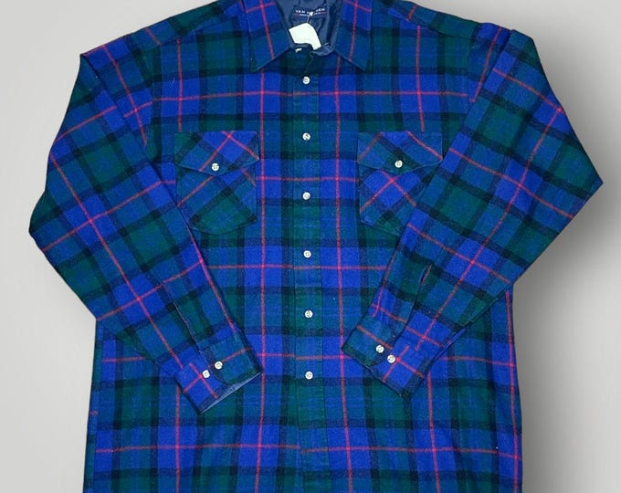 Vintage Van Heusen Soft Plaid Flannel Blue Green Acrylic Men's L or XL