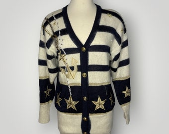 Vintage Nautical Theme Star Angora Lambswool Striped Cardigan Sweater