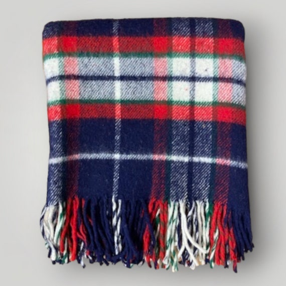 ビンテージ　ラグ　　チェック柄フリンジ付きブランケット ヴィンテージ レッド フリンジ チェック柄 ウール ブランケット - 62