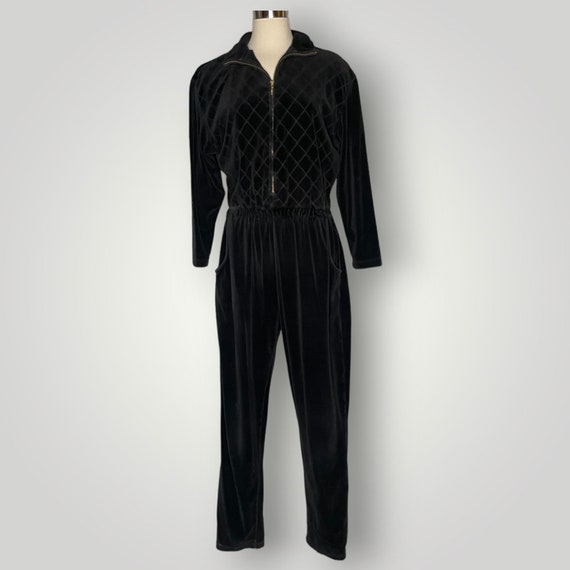 Vintage 1980s Black Quilted Velour Jumpsuit One P… - image 1