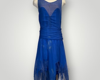 Vintage Antique 1920s Dress Royal Blue Rosette Handkerchief Hem Sleeveless Small Med