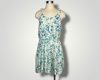 Vintage Dress 1980s Loungees Blue Green Floral Sundress Mini Tie Straps A1017 XL