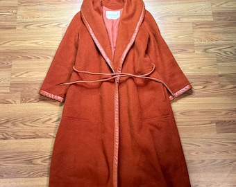 Vtg Wool Coat 1960s Bonnie Cashin x Irene Sargent Shawl Pumpkin Leather Trim