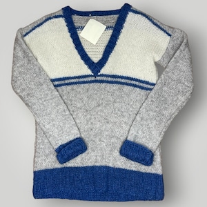 Vintage Handmade V-Neck Blue Gray Sweater Wool 1970s Women&#39;s Retro L