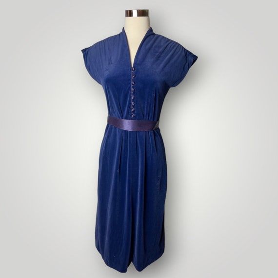 Vintage 1960s Dress Leslie Fay Velvet Dark Blue P… - image 1