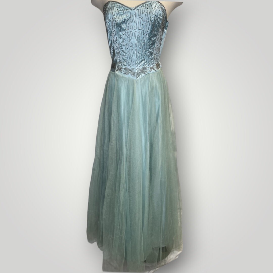 Vintage Dress 1930s Strapless Beaded Ball Gown Light Blue Chiffon 