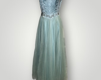 Vintage Dress 1930s Strapless Beaded Ball Gown Light Blue Chiffon Rhinestones J