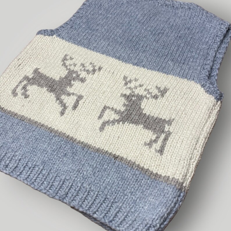 Vintage Knit Sweater Vest Reindeer Heavy Wool Handmade Gray Cream Zip Front L image 5