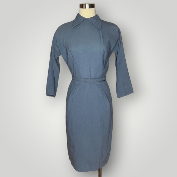 Vintage Rare Don Loper Originals 1950s Blue Pencil Dress Pleated Dagger Collar XS 0