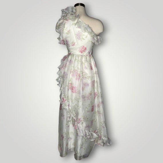 Vintage 1970s Dress One Shoulder Ruffled Floral L… - image 2